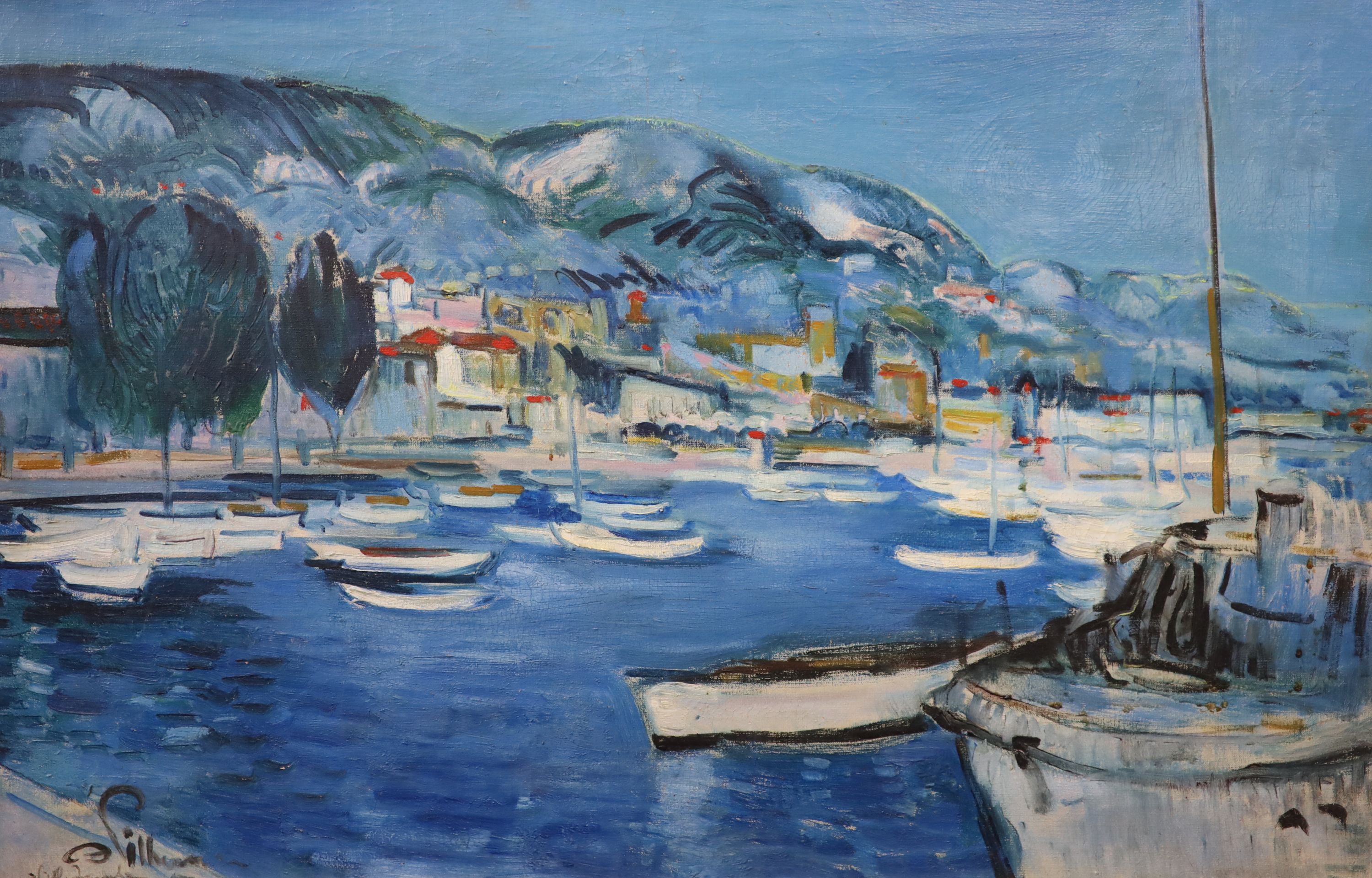 E Pilleau, The Harbour, Villefranche, Oil on canvas, 50 x 76cm.